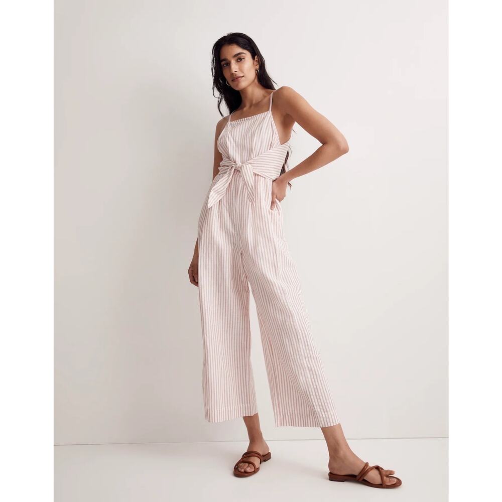 Madewell Tie Waist Crop Wide-Leg Linen Jumpsuit Size 8 White Rust Stripe